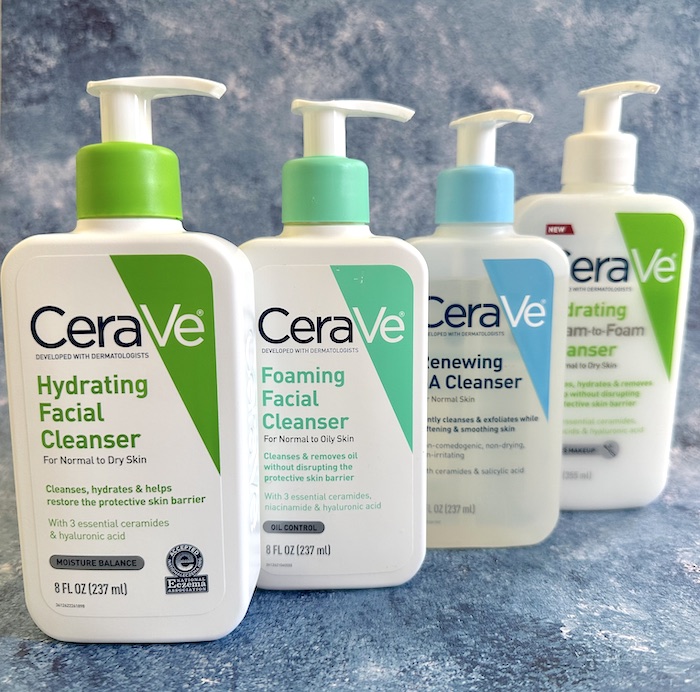 CeraVe Hydrating Facial Cleanser, Foaming Facial Cleanser, Renewing SA Cleanser, and Hydrating Cream-to-Foam Cleanser.