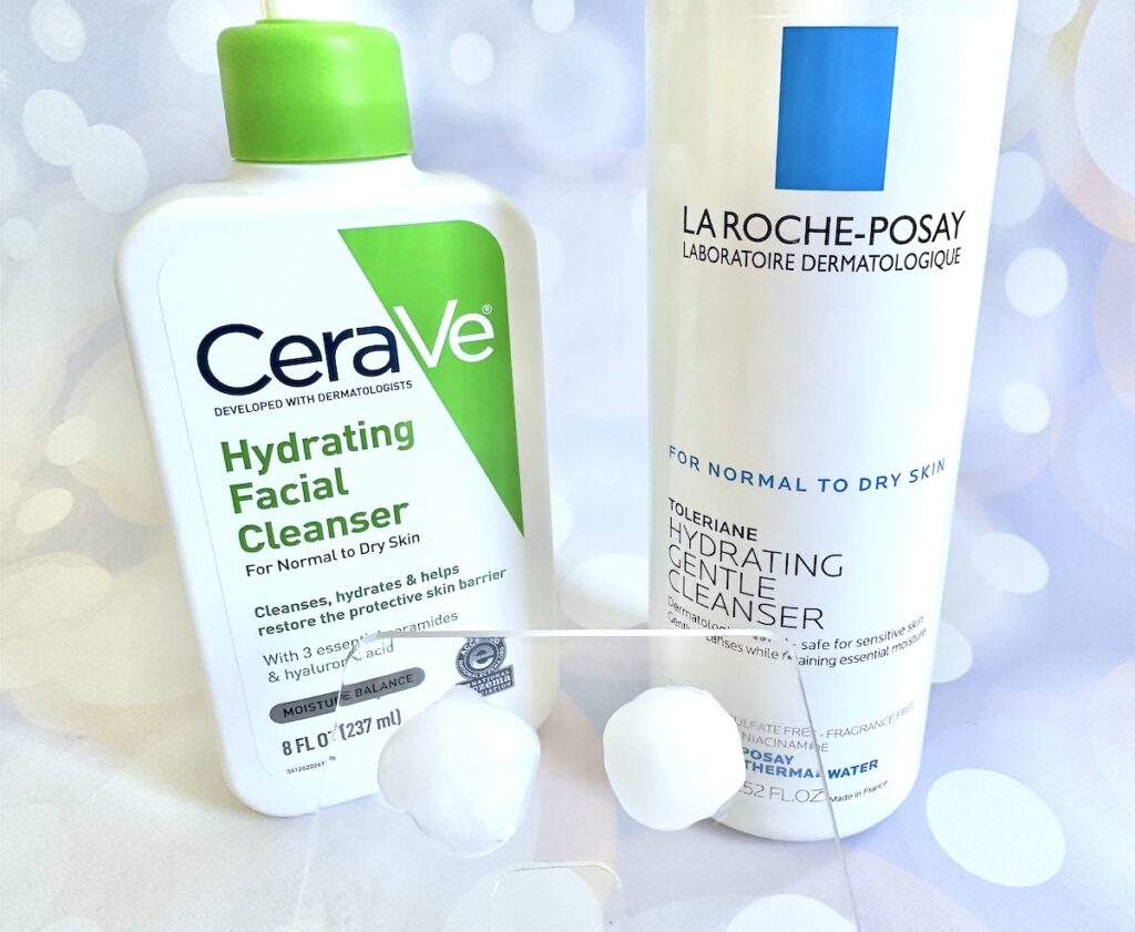 CeraVe Hydrating Facial Cleanser vs La Roche-Posay Toleriane Hydrating Gentle Cleanser, bottles next to samples on clear cosmetic spatula.