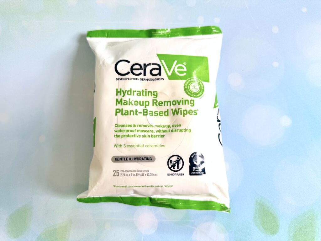 CeraVe Hydrating Makeup-Removing Plant-Based Wipes flatlay.