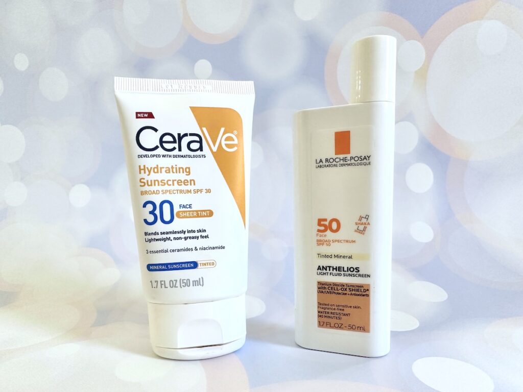 CeraVe Hydrating Mineral Sunscreen SPF 30 Face Sheer Tint vs La Roche-Posay Anthelios Tinted Sunscreen SPF 50.