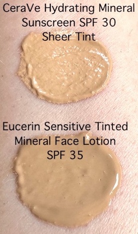 CeraVe Hydrating Mineral Sunscreen SPF 30 Sheer Tint vs Eucerin Sensitive Tinted Mineral Face Lotion SPF 35, swatched on arm.