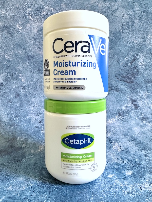 CeraVe Moisturizing Cream stacked on top of Cetaphil Moisturizing Cream.