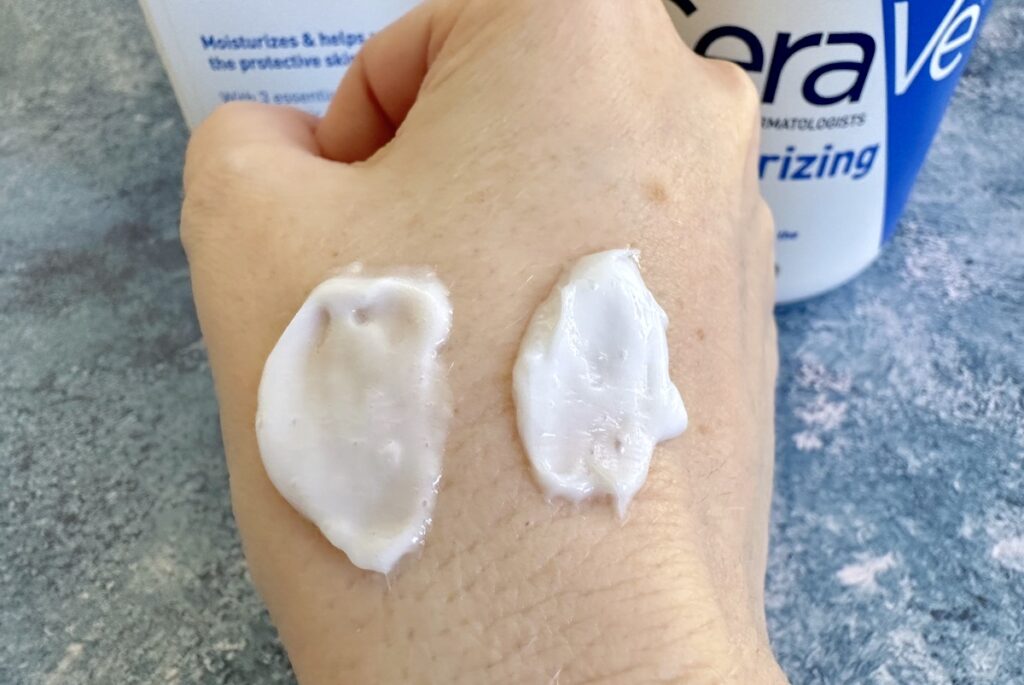 Cerave Moisturizing Cream and Lotion sampled on hand.