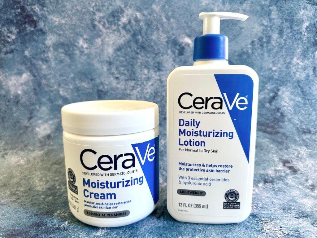 CeraVe Moisturizing Cream vs Lotion: Cream and Daily Moisturizing Lotion on blue background.