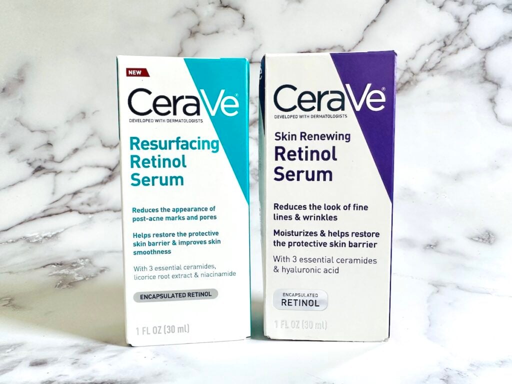 CeraVe Resurfacing Retinol Serum and CeraVe Renewing Retinol Serum boxes.