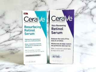 CeraVe Resurfacing Retinol Serum and CeraVe Renewing Retinol Serum boxes.