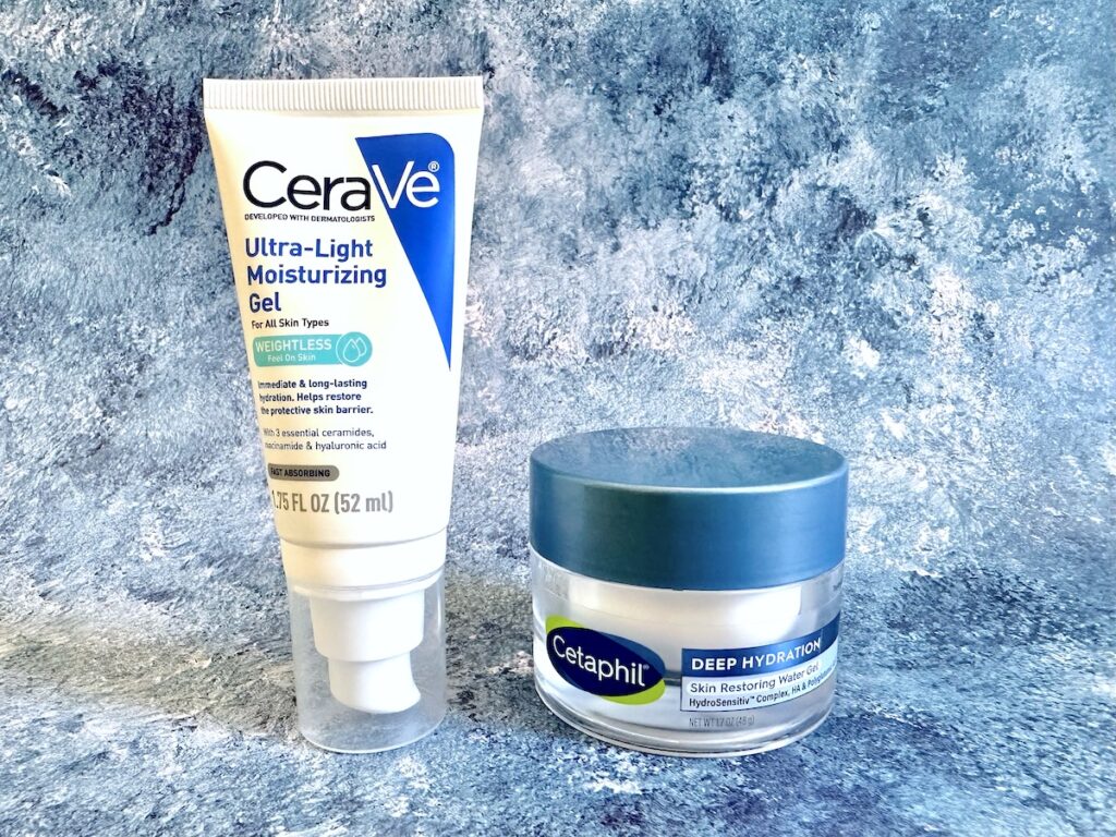 CeraVe Ultra-Light Moisturizing Gel and Cetaphil Deep Hydration Skin Restoring Water Gel.