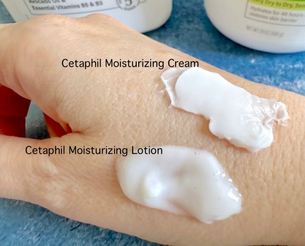 Cetaphil Moisturizing Cream and Lotion sampled on back of hand, labeled.