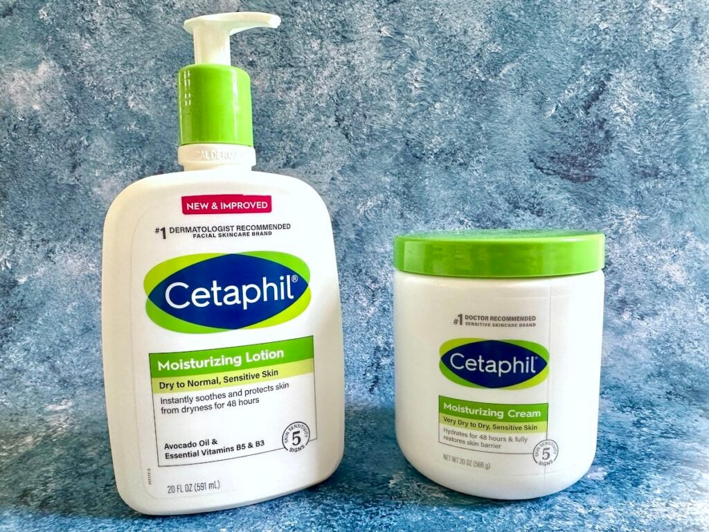 Cetaphil Moisturizing Cream vs Lotion: Cream and lotion on blue background.