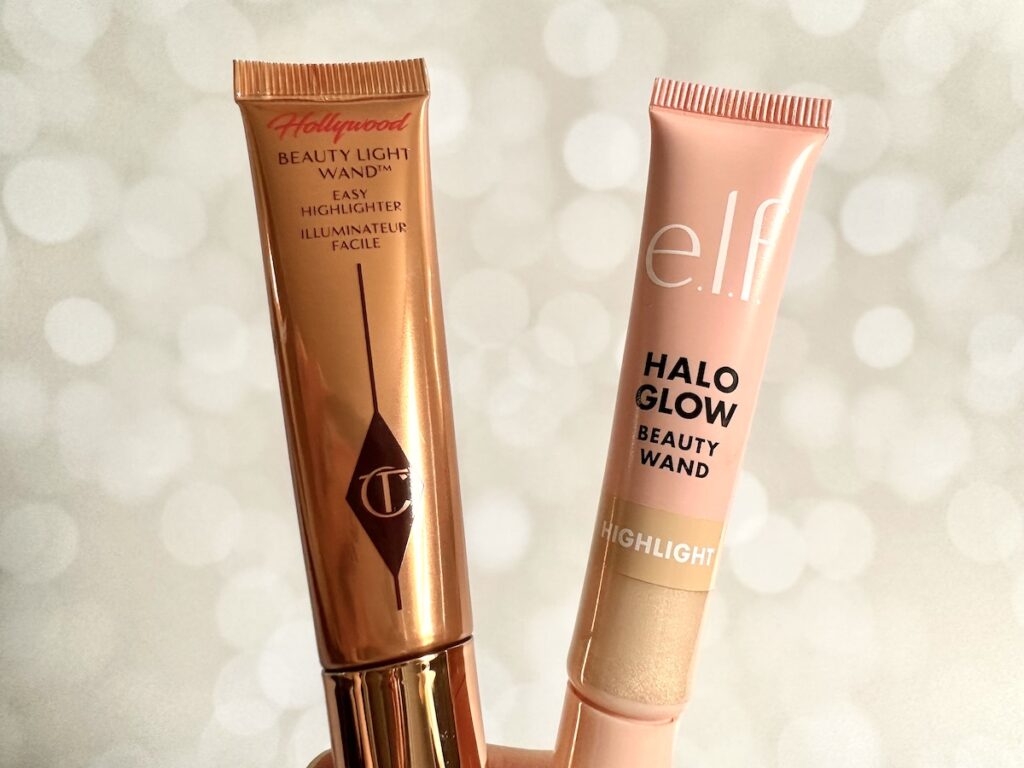 Charlotte Tilbury Hollywood Beauty Light Wand and e.l.f. Halo Glow Highlight Beauty Wand, handheld.