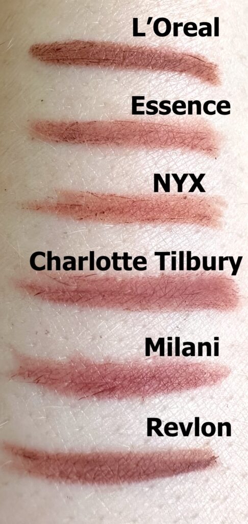 Charlotte Tilbury Pillow Talk Lip Liner and dupes swatched and labeled on arm.