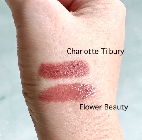 Charlotte Tilbury Pillow Talk Lipstick and Flower Beauty Perfect Pout Moisturizing Lipstick in Buttercup, sampled on hand.