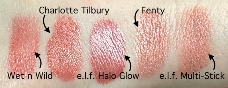 Charlotte Tilbury Pinkgasm dupe swatches on arm.