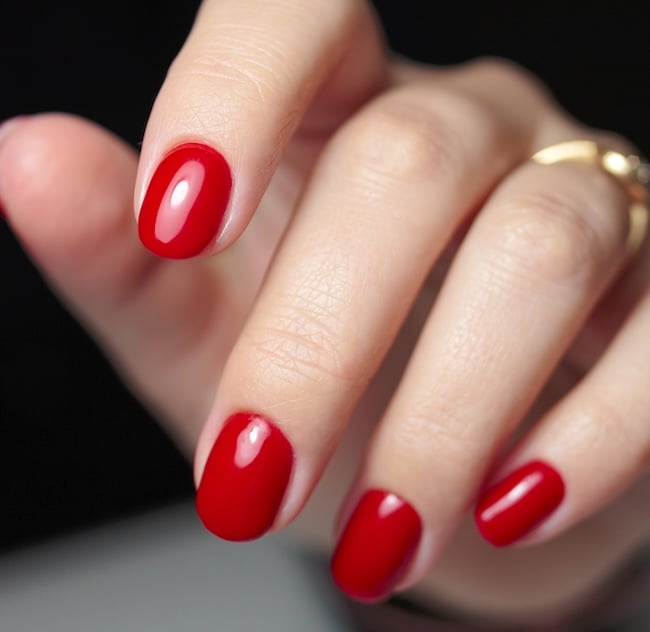 Short red nails.