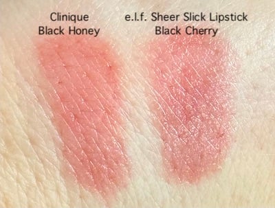 Clinique Almost Lipstick in Black Honey and e.l.f. Sheer Slick Lipstick in Black Cherry, side by side swatches.