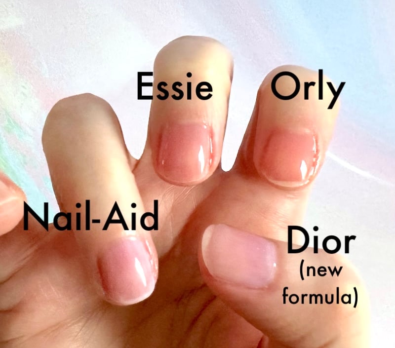 Dior (new formula), Essie, Nail-Aid, and Orly nail polish swatches on nails.