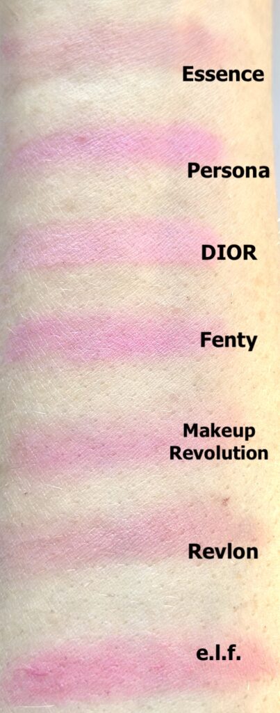 Dior Rosy Glow Blush dupe swatched from Essence, Persona, Fenty, Makeup Revolution, Revlon and elf.