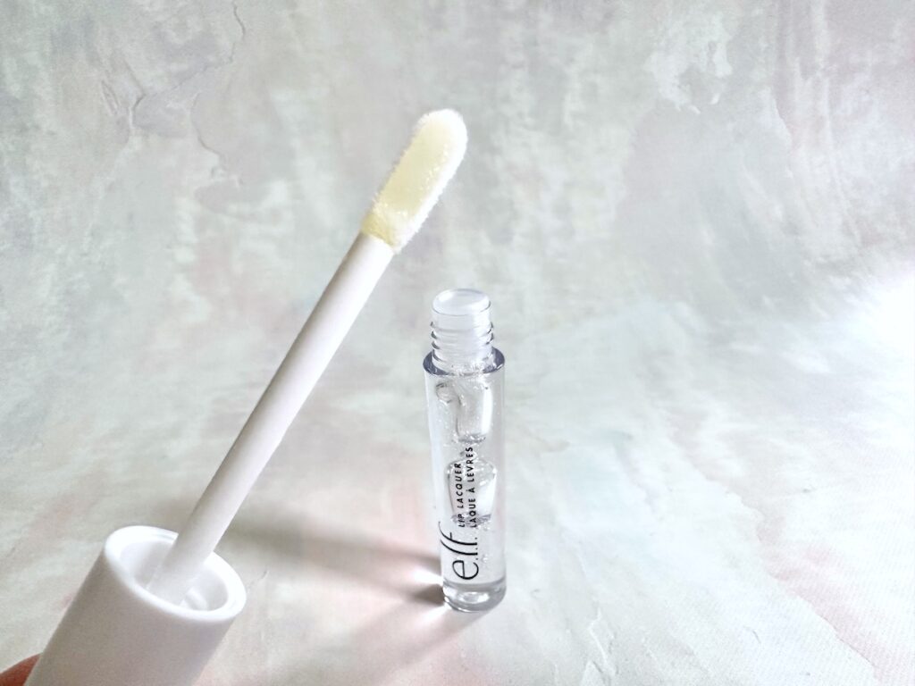 e.l.f. Lip Lacquer in the shade Clear, open tube with applicator wand.