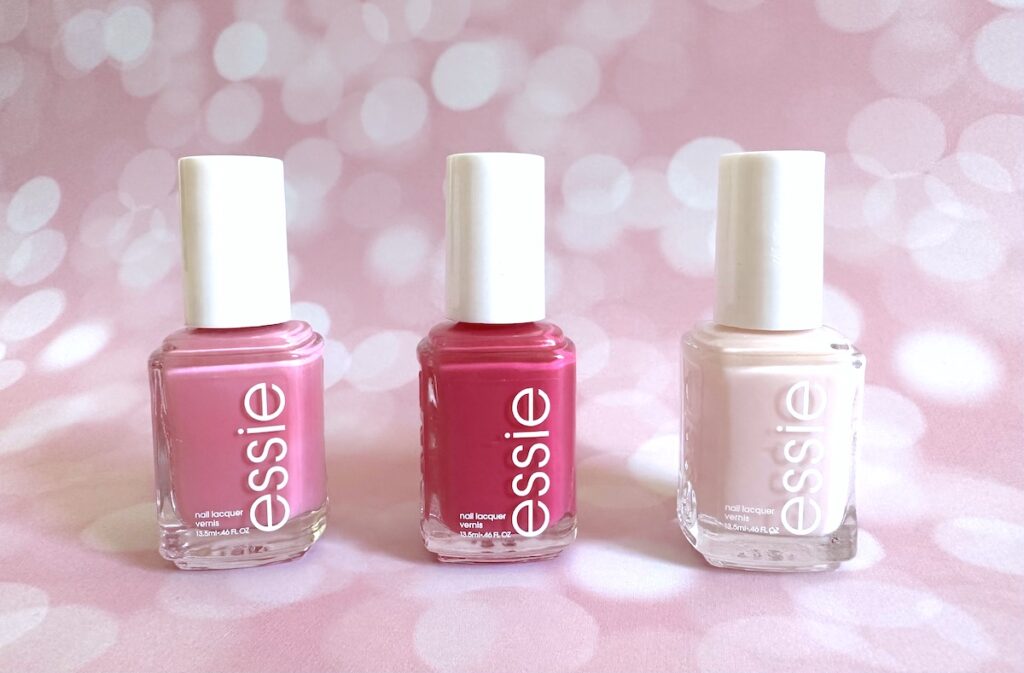 Essie Nail Lacquer in the shades Cascade Cool, Pencil Me In, and Ballet Slippers.