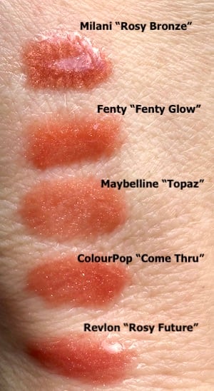 Fenty Gloss Bomb dupe swatches on hand from Milani, Maybelline, ColourPop and Revlon.