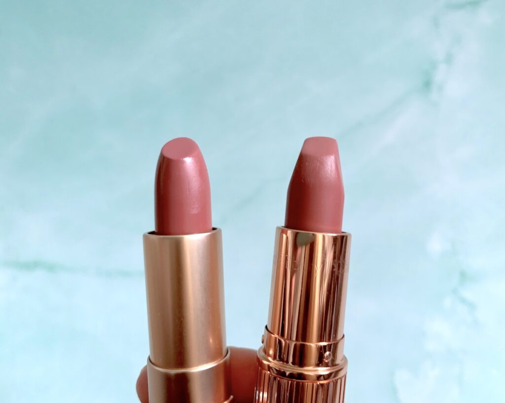 Flower Beauty Petal Pout Lip Color in Spiced Petal and Charlotte Tilbury Pillow Talk Lipstick opened.