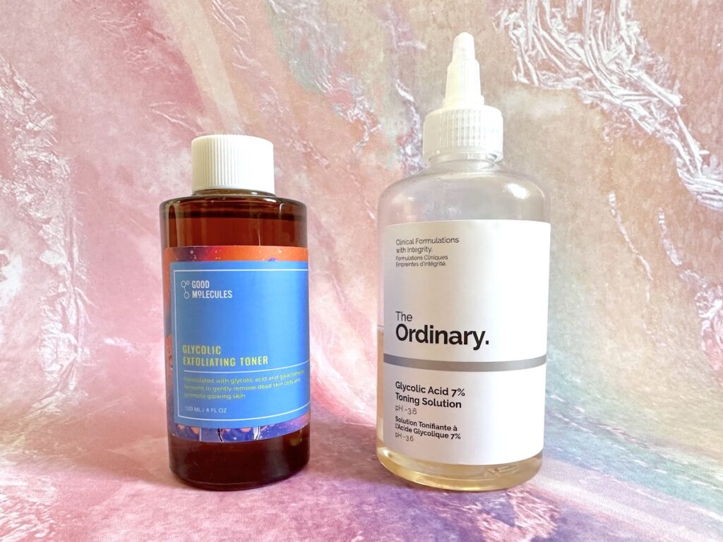 Good Molecules Glycolic Exfoliating Toner and The Ordinary Glycolic Acid 7% Toning Solution.