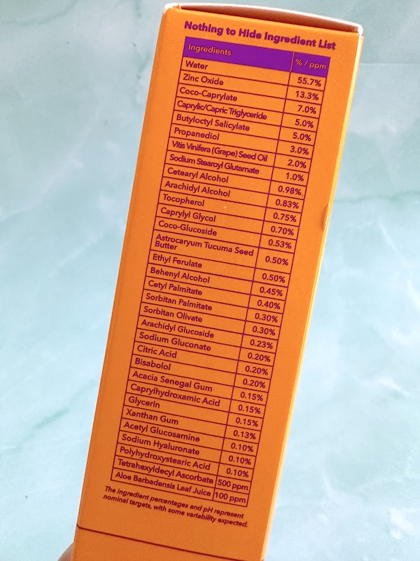 Good Molecules Sheer Mineral Sunscreen SPF 30 box ingredient list.