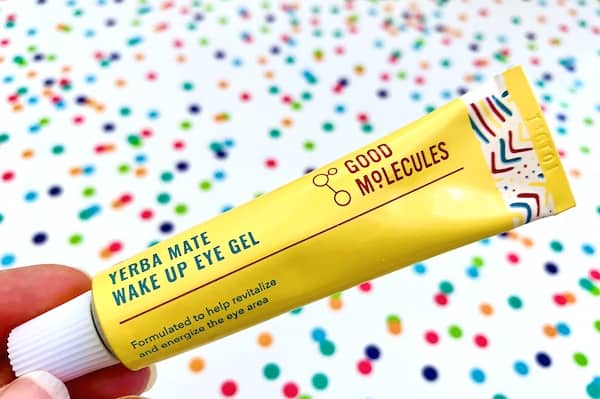 Good Molecules Yerba Mate Wake Up Eye Gel on colorful dot background