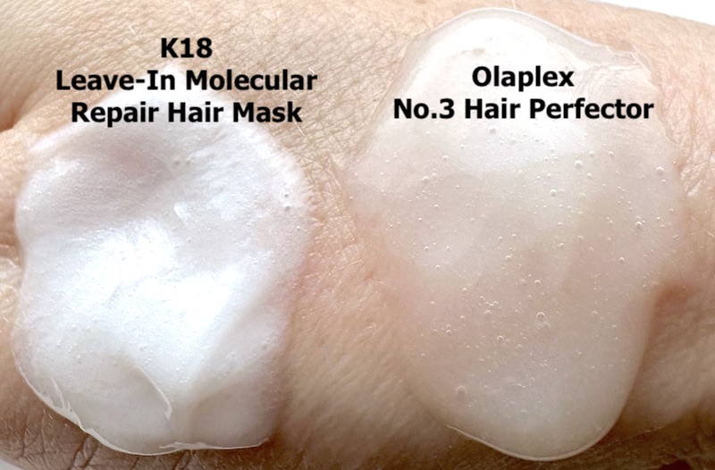 K18 Leave-In Molecular Repair Hair Mask and Olaplex No.3 Hair Perfector sampled on hand.