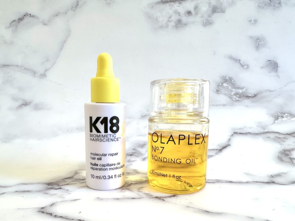 K18 Molecular Repair Hair Oil and Olaplex No. 7 Bonding Oil.