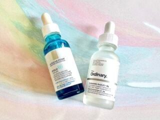 La Roche Posay Hyalu B5 Serum and The Ordinary Hyaluronic Acid 2% + B5, flatlay.