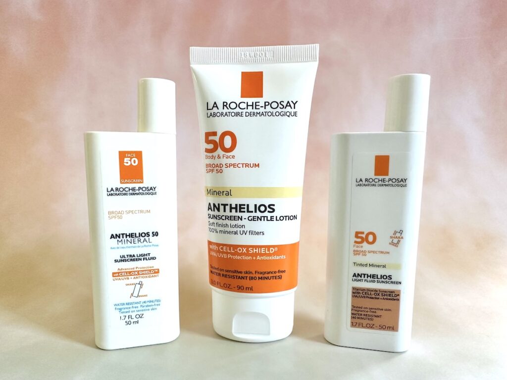 La Roche Posay Mineral Sunscreens: La Roche-Posay Anthelios Mineral Zinc Oxide Sunscreen SPF 50, La Roche-Posay Anthelios SPF 50 Gentle Lotion Mineral Sunscreen, and La Roche-Posay Anthelios Mineral Tinted Sunscreen SPF 50.