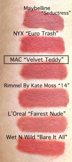 MAC Velvet Teddy Lipstick dupes from NYX, Maybelline, Rimmel London, L'Oreal and Wet n Wild, swatches sampled and labeled on arm.