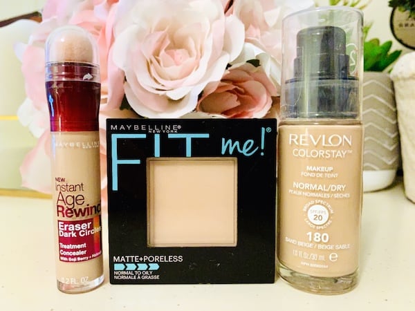 Maybelline Instant Age Rewind Eraser Dark Circles Concealer, Fit Me! Matte + Poreless Powder and Revlon ColorStay Makeup