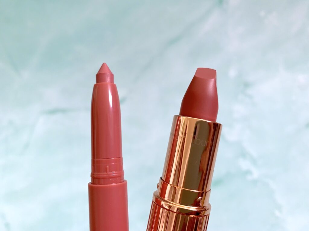 Maybelline Super Stay Ink Crayon in Lead The Way and Charlotte Tilbury Pillow Talk lipstick opened.