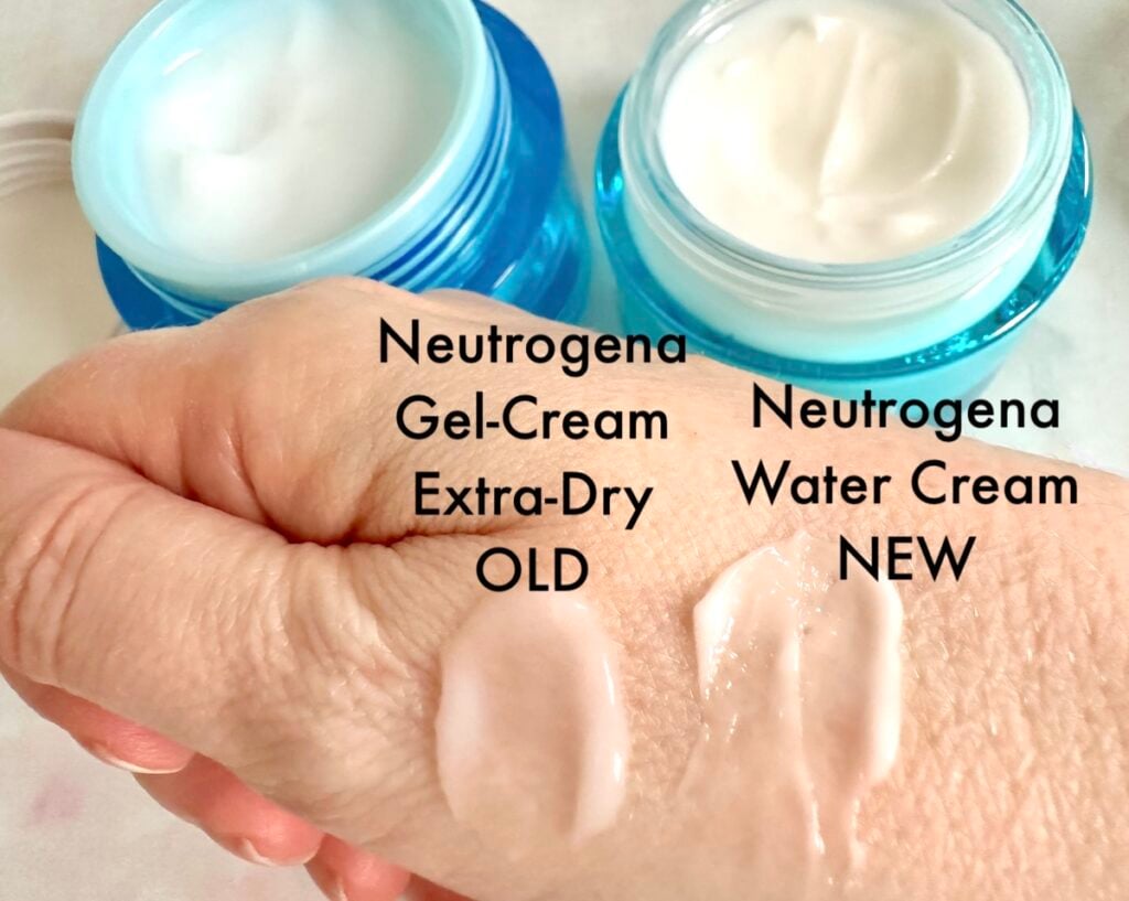 Neutrogena Hydro Boost Gel Cream Extra Dry and Neutrogena Hydro Boost Water Cream sampled on hand in front of open jars.