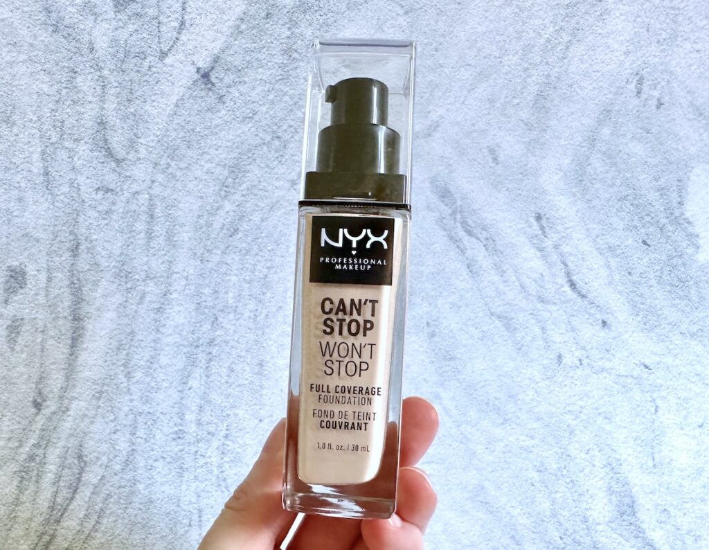 NYX Can't Stop Won't Stop Full Coverage Foundation in the shade Porcelain, handheld.