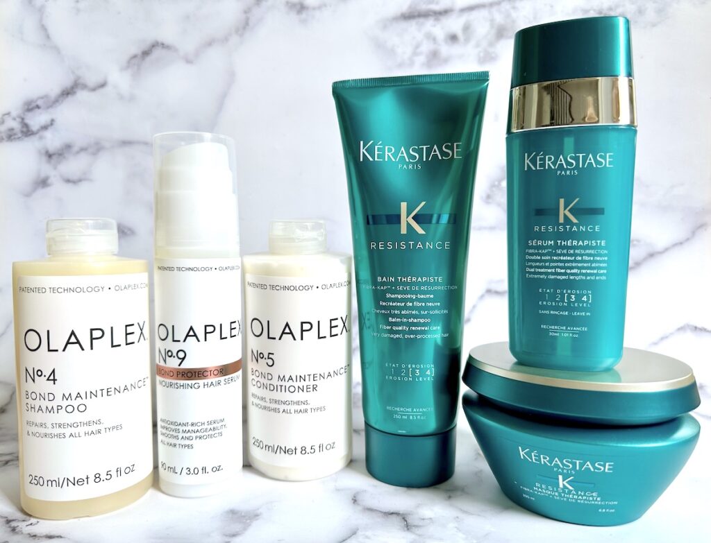 Olaplex vs Kerastase: Olaplex Bond Maintenance shampoo, conditioner and serum and Kerastase Resistance Therapiste shampoo, hair mask and serum.