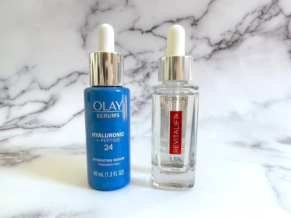 Olay Hyaluronic + Peptide 24 Serum and L'Oreal Revitalift 1.5% Pure Hyaluronic Acid Serum.