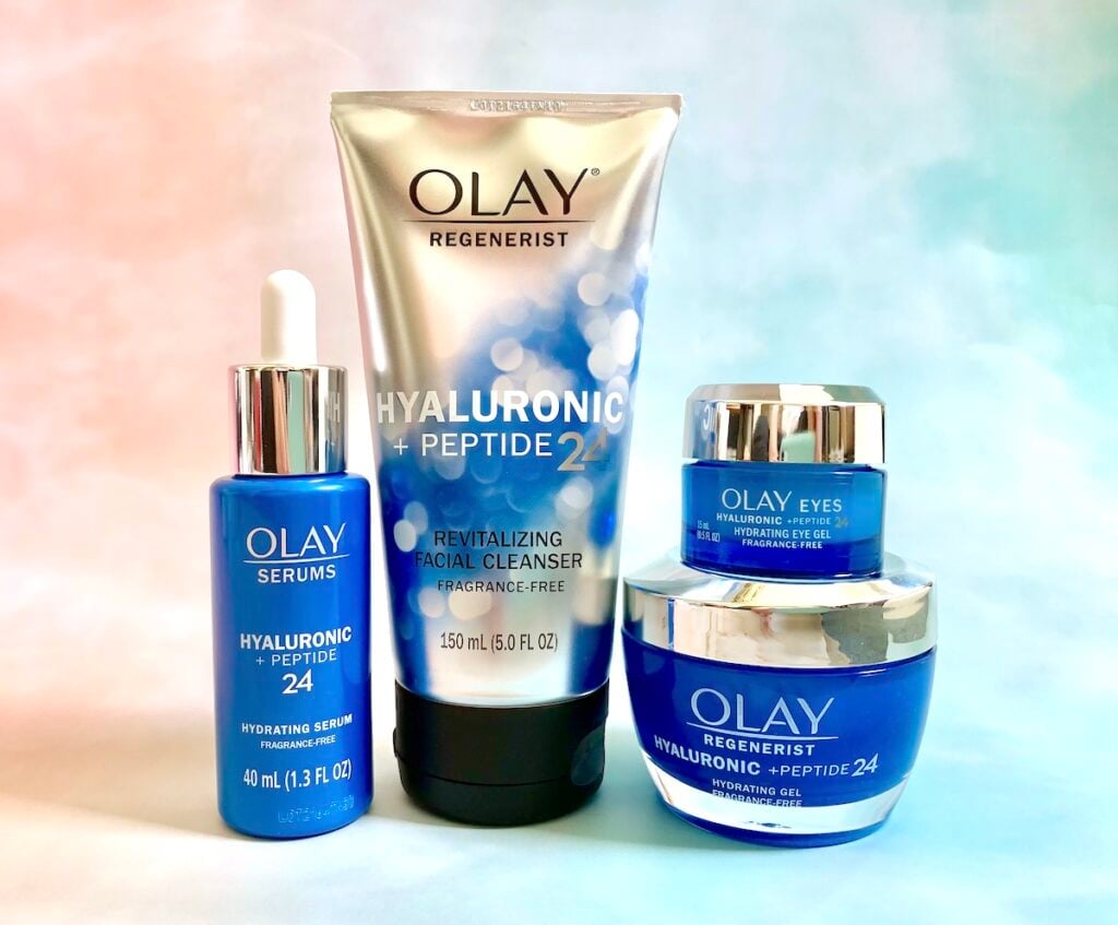 Olay Hyaluronic + Peptide 24 Serum, Gel Cleanser, Eye Gel and Gel Cream Moisturizer.