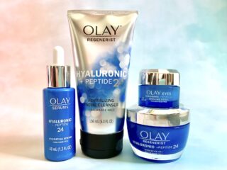 Olay Hyaluronic + Peptide 24 Serum, Gel Cleanser, Eye Gel and Gel Cream Moisturizer.