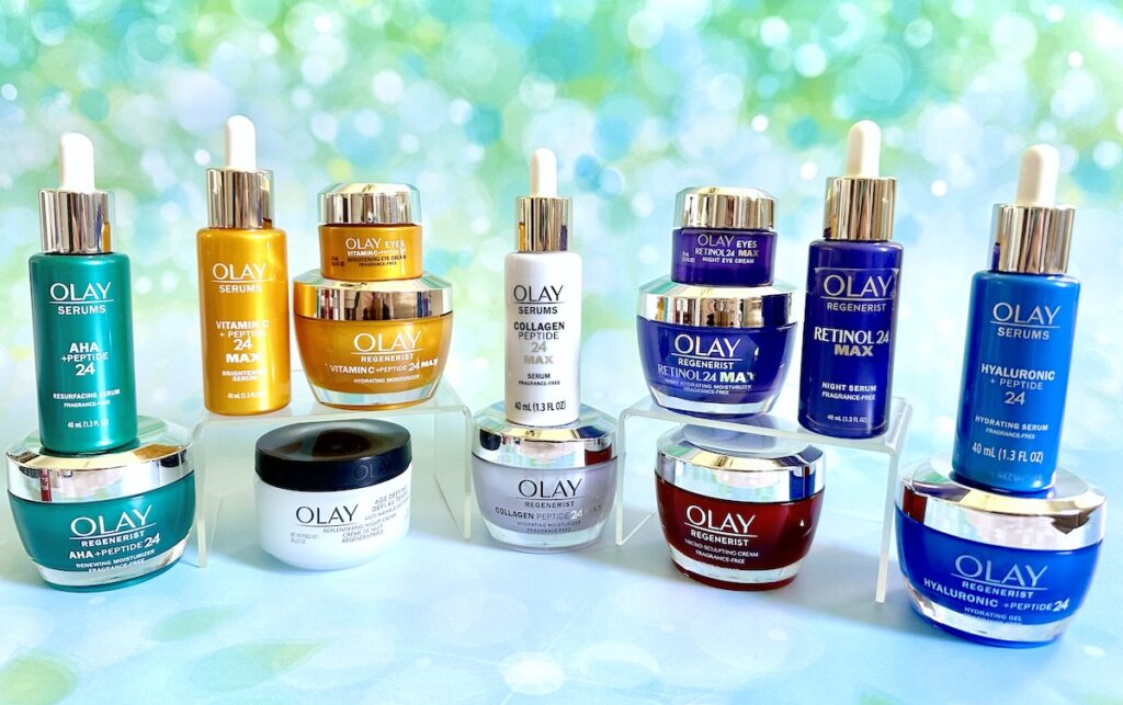 Olay Products for 40s: AHA + Peptide 24, Vitamin C + Peptide 24, Retinol 24, Collagen Peptide 24, Age Defy Anti-Aging Night Cream, and Regenerist Micro Sculpting Cream.