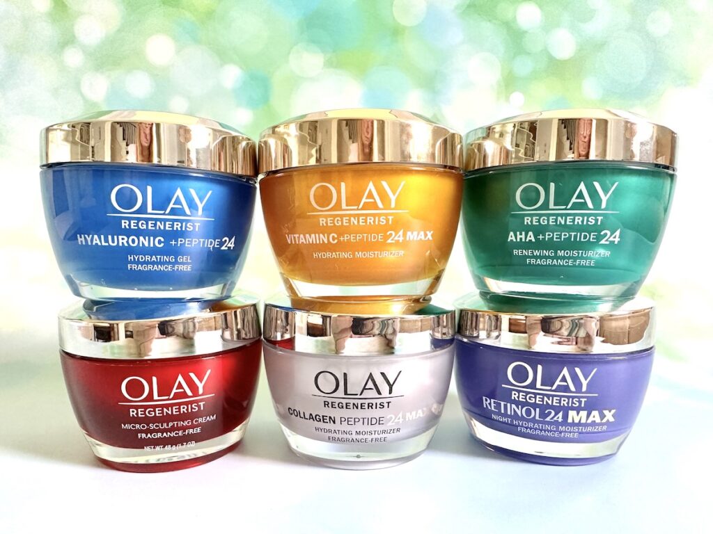 Best Olay Products for Your 40s: 6 Olay Regenerist Moisturizers stacked in two rows. Row 1: Hyaluronic + Peptide 24, Vitamin C + Peptide 24 MAX, AHA + Peptide 24. Row 2: Micro-Sculpting Cream, Collagen Peptide 24 MAX, and Retinol 24 MAX.