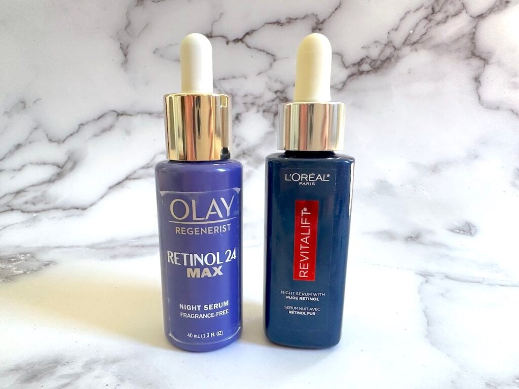 Olay Retinol 24 MAX Night Serum and L'Oréal Revitalift Derm Intensives Night Serum, 0.3% Pure Retinol.