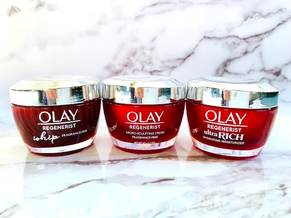 Olay Regenerist Whip, Olay Micro-Sculpting Cream, Olay Ultra Rich Moisturizer, side by side.