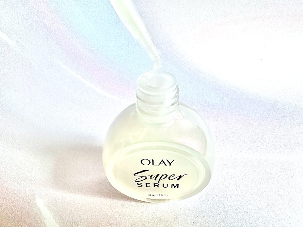 Olay Super Serum, open bottle with dropper applicator.