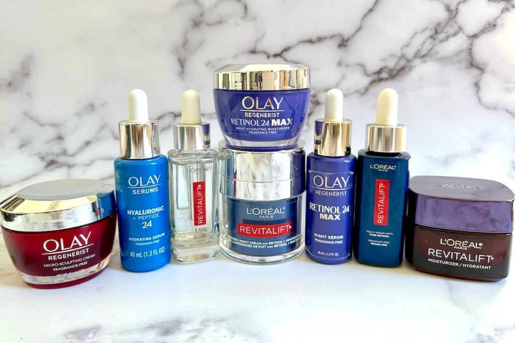 Olay vs L'Oreal: hyaluronic acid serums, retinol serums, retinol night creams, and Olay Micro-Sculpting Cream and L'Oreal Revitalift Cream.