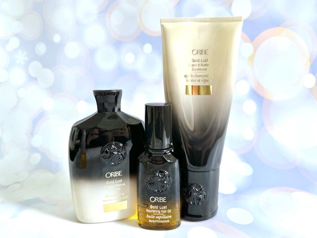 Oribe Gold Lust Repair & Restore Shampoo, Conditioner, and Nourishing Hair Oil.