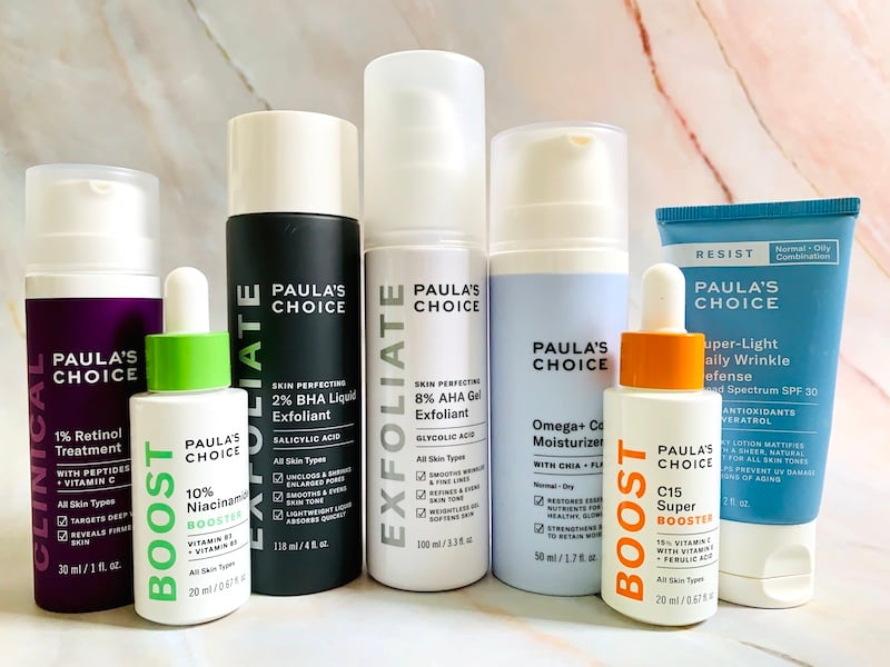 The Best Paula's Choice Skincare Products: BHA Liquid Exfoliant, AHA Gel Exfoliant, Niacinamide Booster Serum, C15 Booster, Retinol, Omega Complex Moisturizer and Super Light Daily Wrinkle Defense SPF 30 