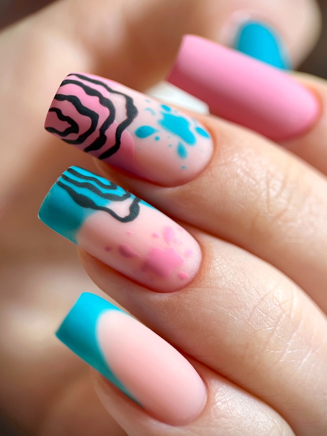 Pink and blue square pastel summer nails.